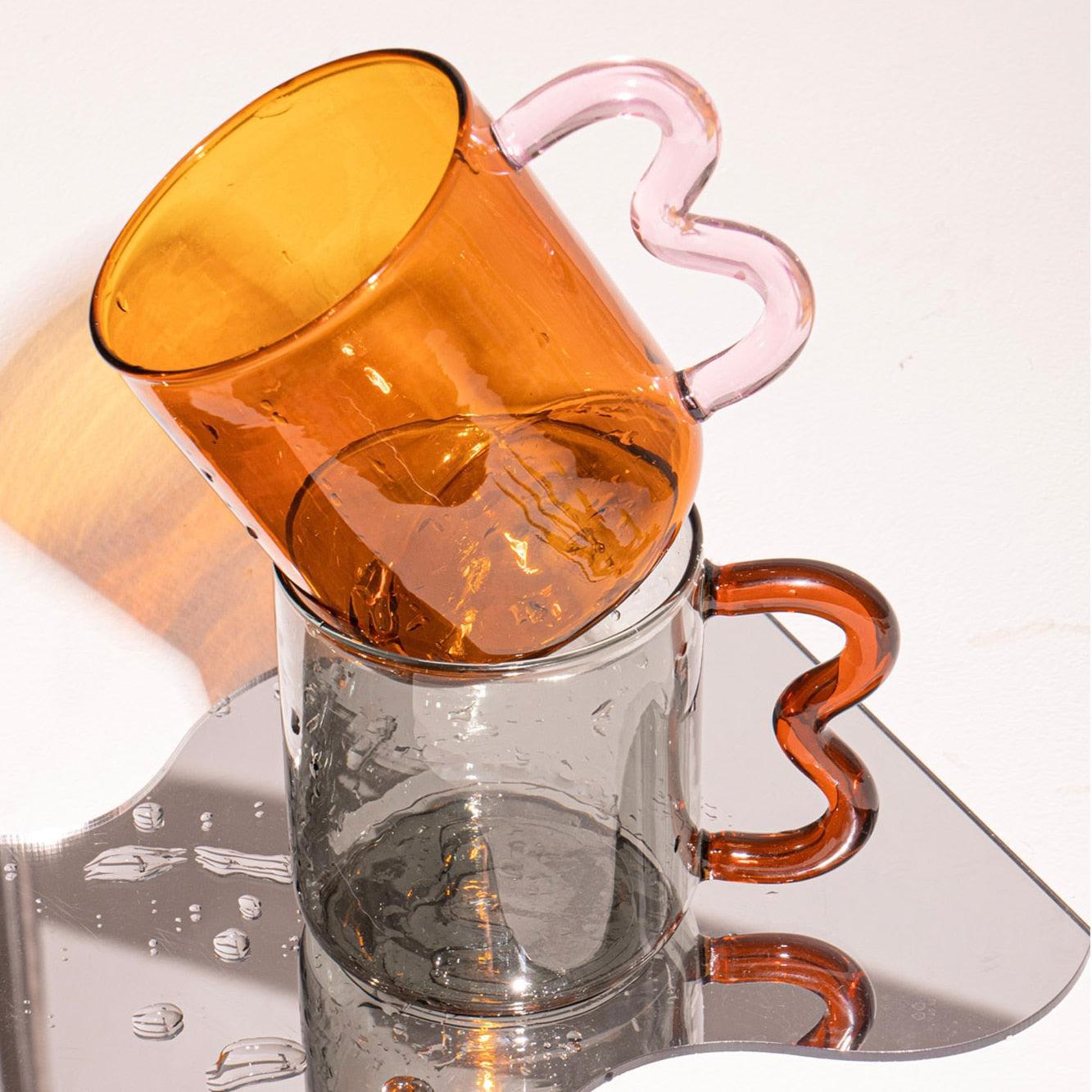 Wavy Handle Glass Mug - Unique Colourful Designs for Coffee and Tea