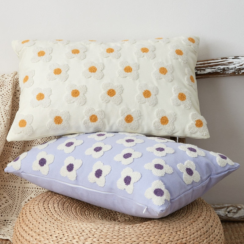 Embroidered Flower Cushion Cover - Playful and Elegant Design for Lumbar Support