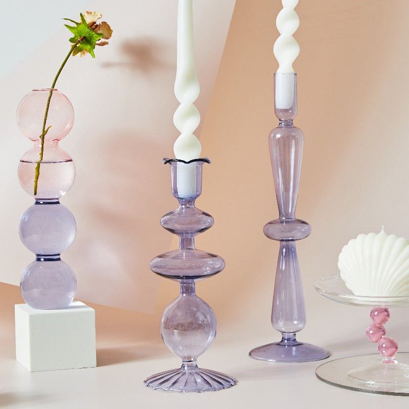 Lilac Glass Candle Holders - Refined Decorative Glass Holders in Lilac Colour