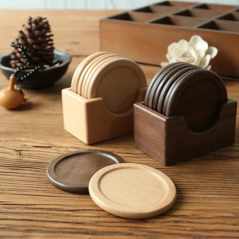 Handmade Pine Wood Coaster Set of 6 with Holder