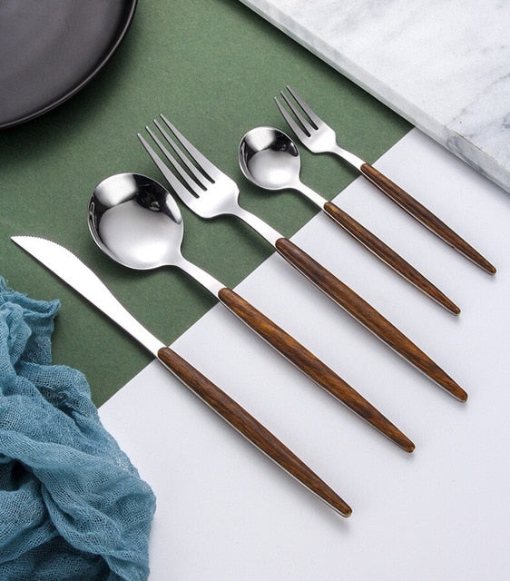 Simple Wooden Handle Cutlery Set - Complete Tableware for Dining Use