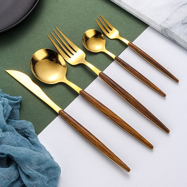 Simple Wooden Handle Cutlery Set - Complete Tableware for Dining Use